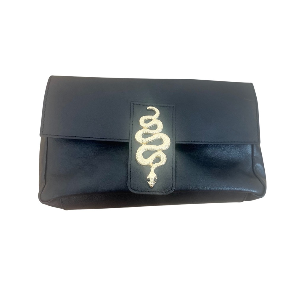 House of Harlow 1960 Nicole Richie Black Leather Snake Emblem Clutch Bag
